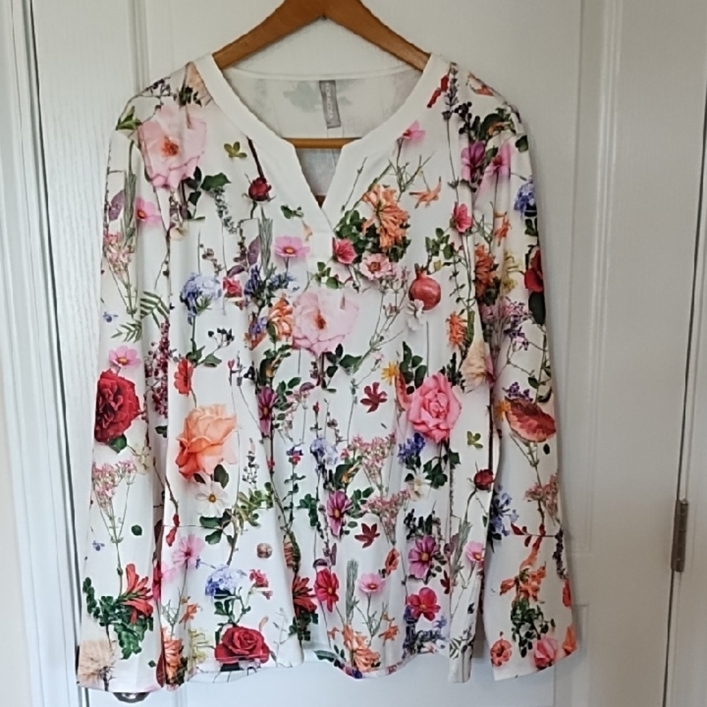 Women’s Floral V-Neck Blouse - White with Multicolor Floral Print